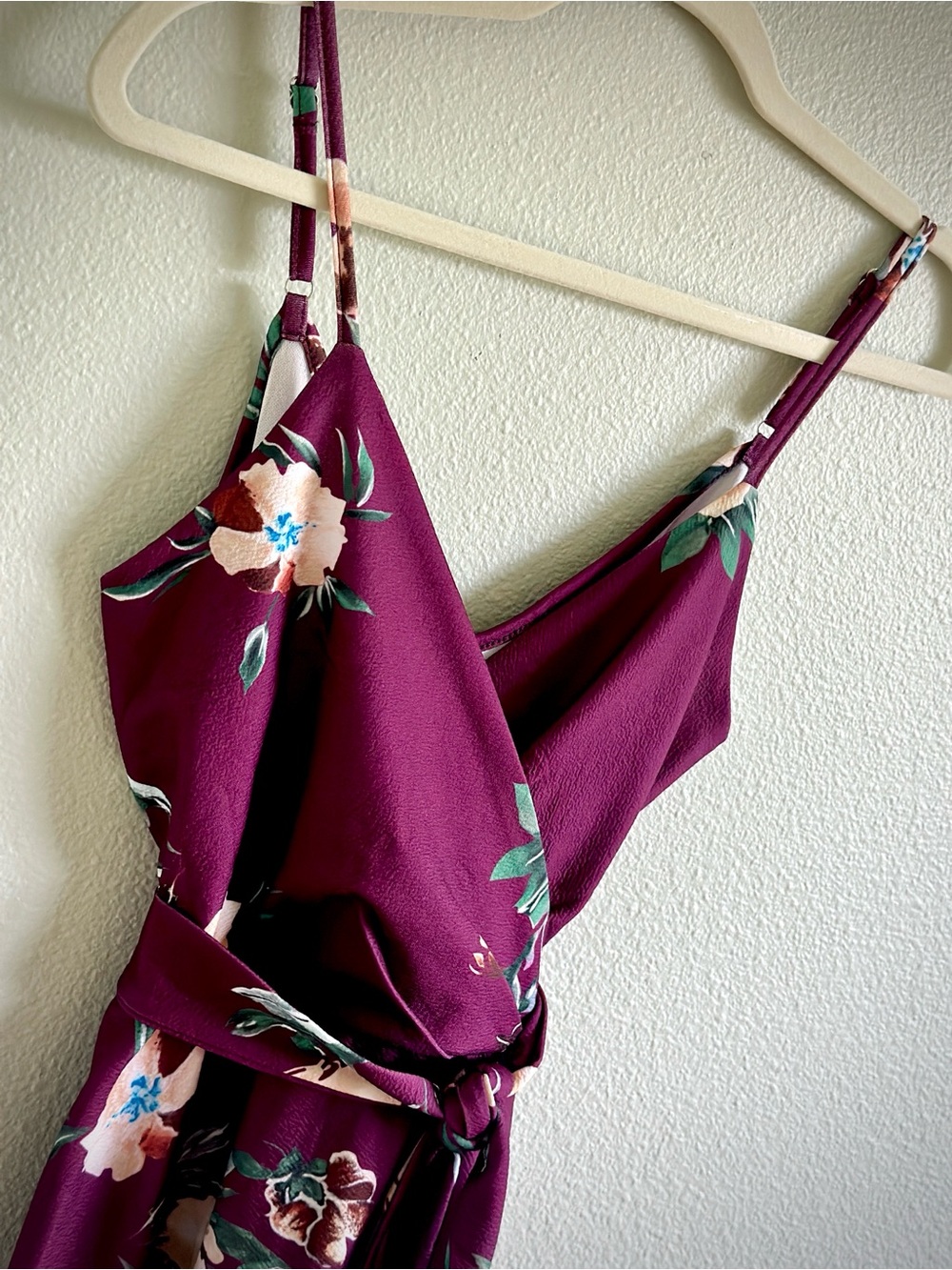 Burgundy Floral V-Neck Spaghetti Strap Adjustable Wrap Fit & Flare Dress - Picture 4 of 7